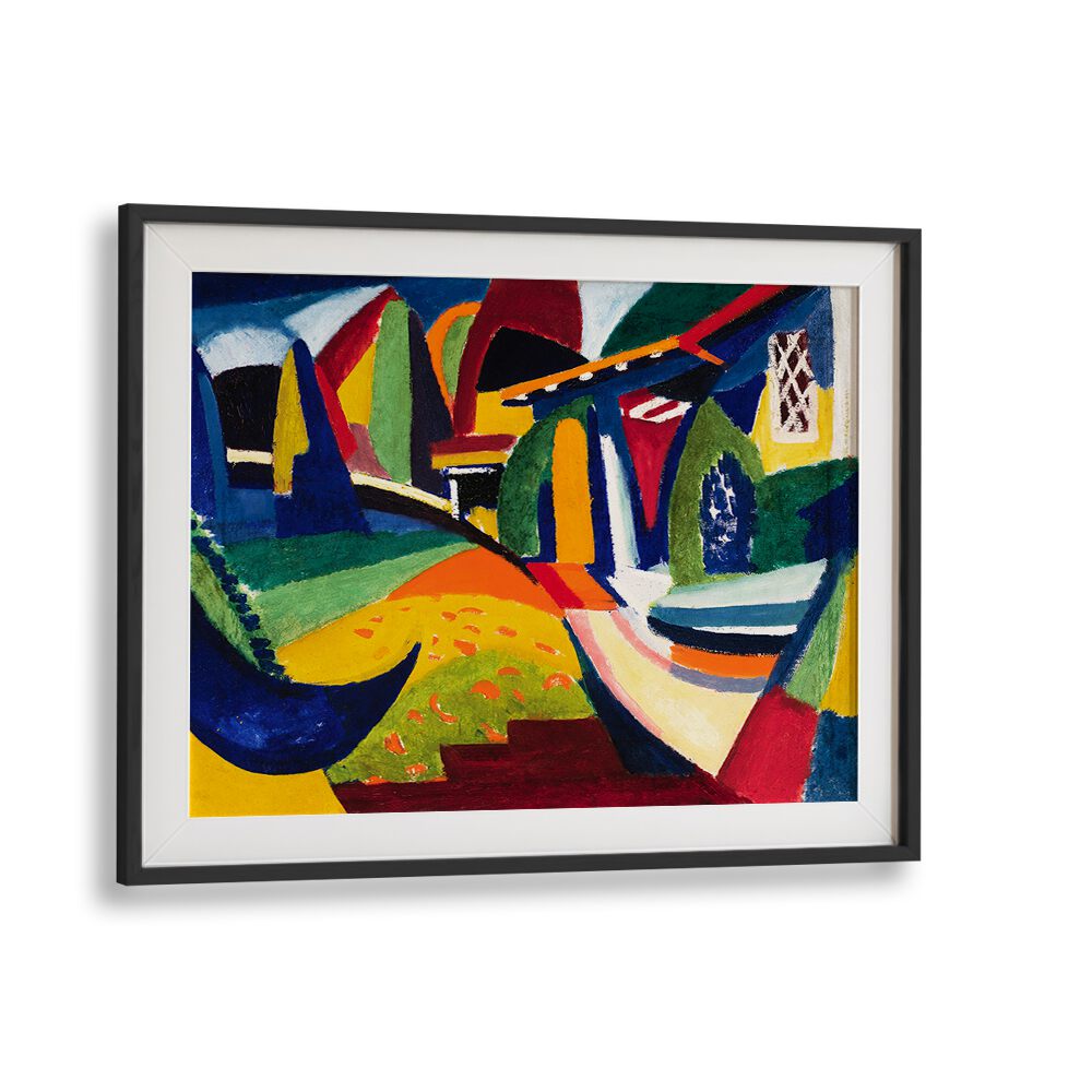 A framed abstract painting featuring bold, vibrant colors and geometric shapes, reminiscent of the SCHEHERAZADE (1915) piece from Asianmonk's vintage paintings collection. The composition is dominated by greens, blues, reds, and yellows, creating a dynamic scene that suggests a landscape.