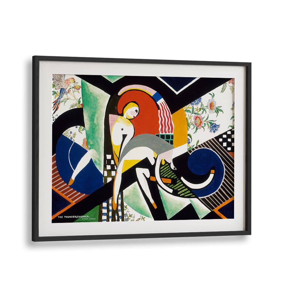 Product Description: THE THUNDERSHOWER (CA.1917 - 1918), VINTAGE PAINTINGS by Asianmonk is an abstract artwork encased in a black frame. It features the giclee printing technique to bring out geometric shapes and a surreal human figure in vivid hues of red, green, and blue, complemented by floral patterns on museum-grade canvas.