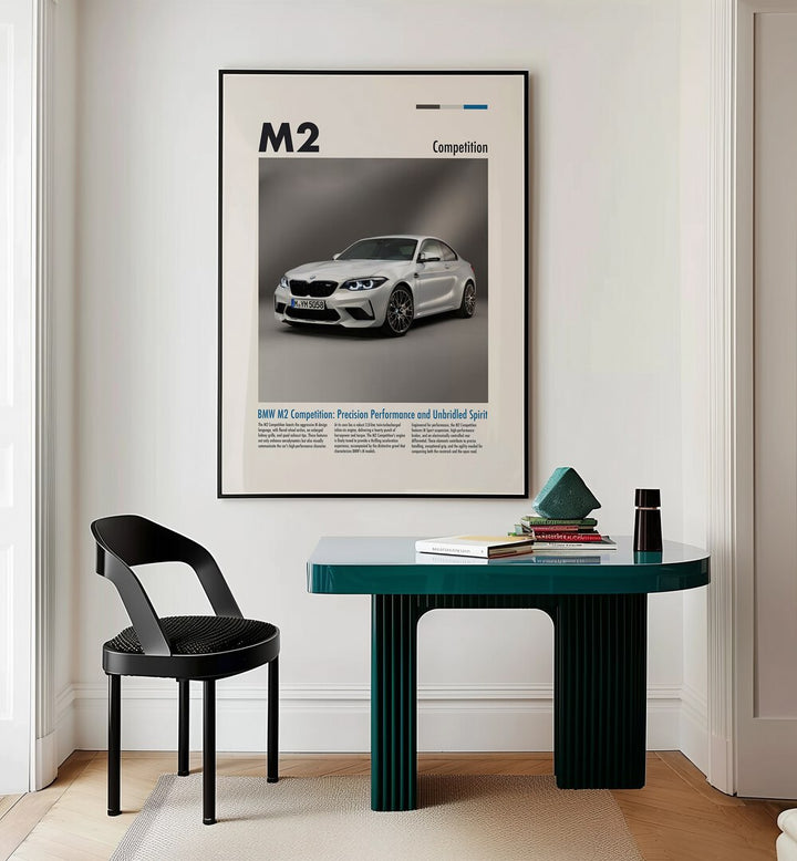 BMW M2 Competition Car Posters Automotive Wall Art Prints in Black Plain Frame placed on a Cream Colored Wall near a Study Table in a Workspace in the Drawing Room