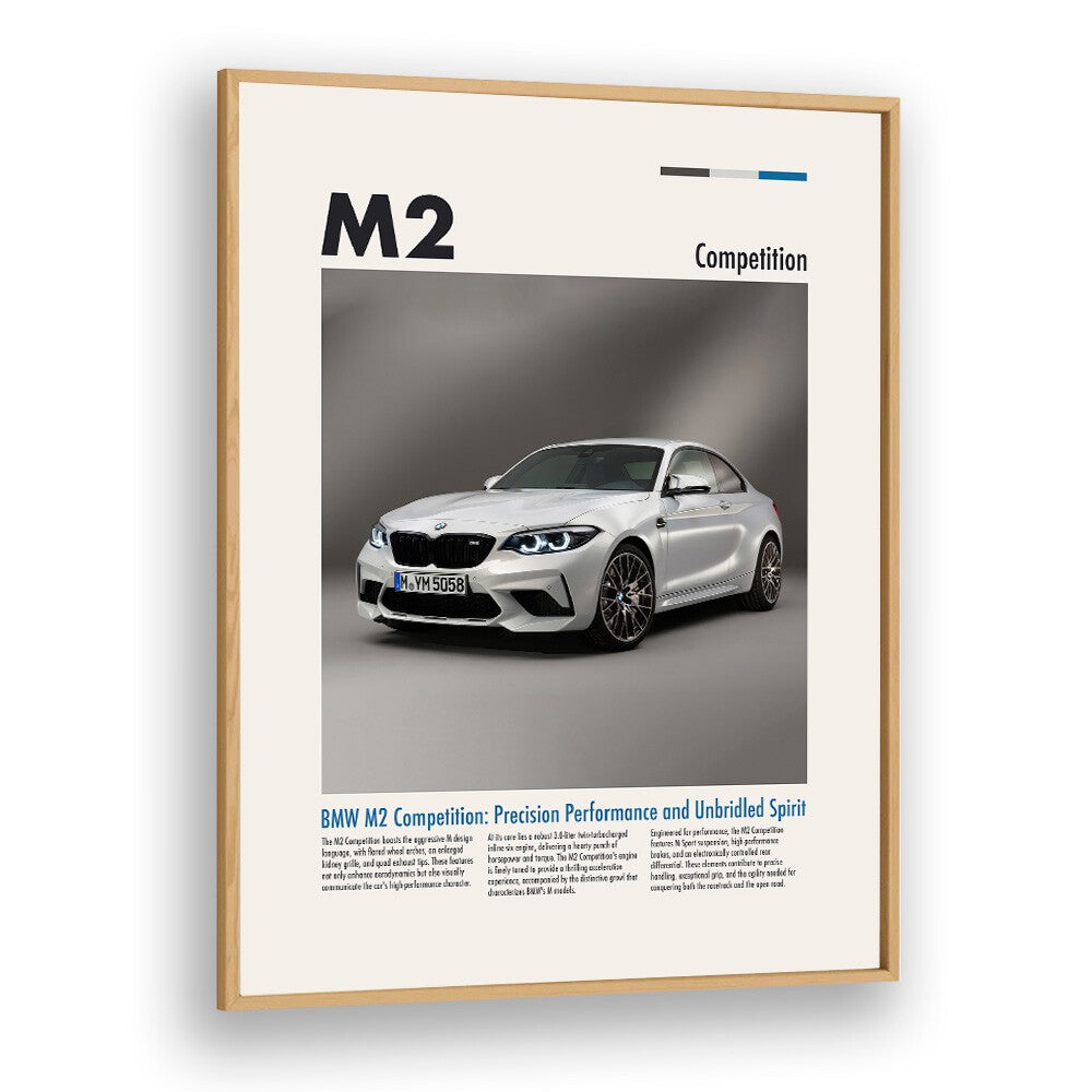 BMW M2 Competition Car Posters Automotive Wall Art Prints in Oak Wood Plain Frame