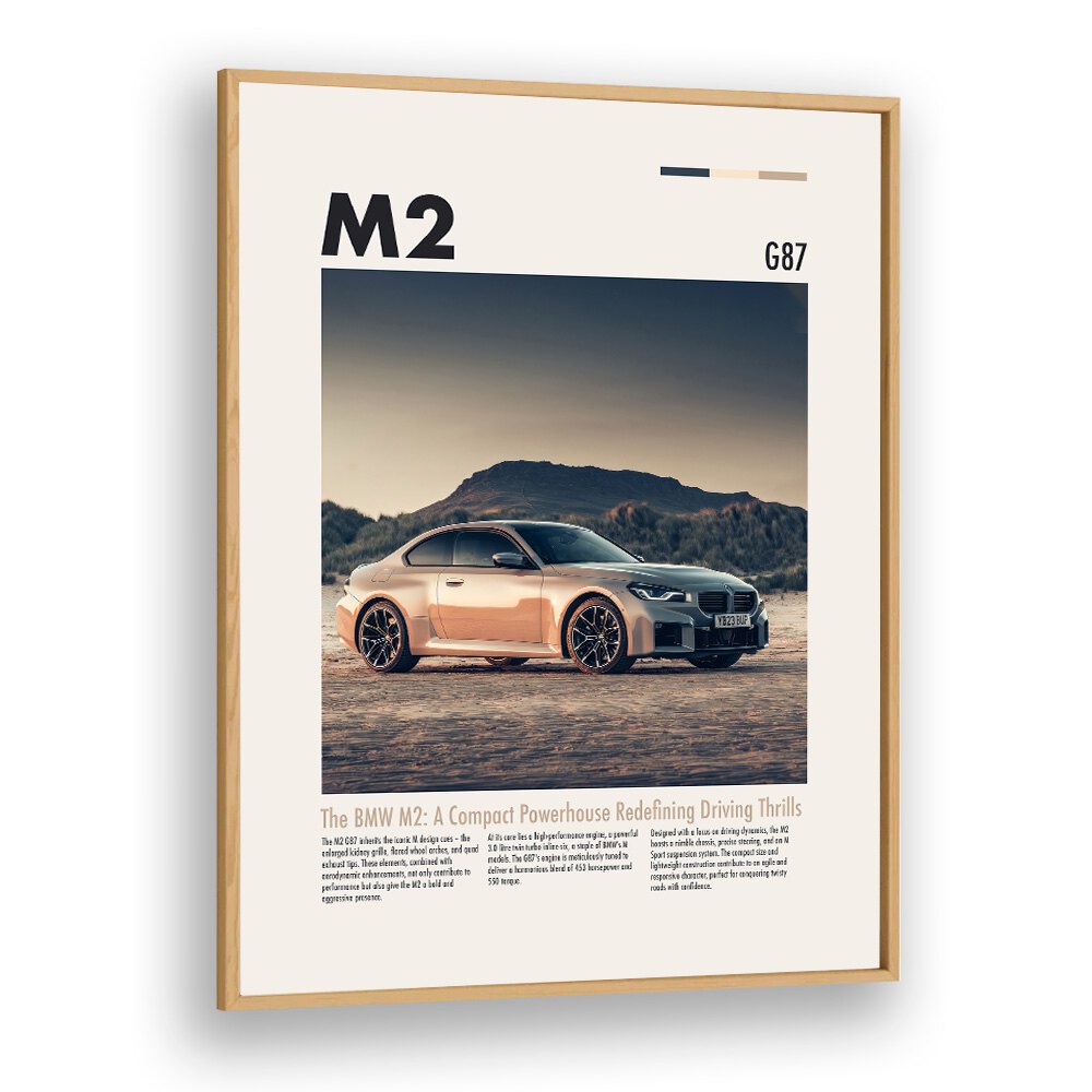 BMW M2 G87 Car Posters Automotive Wall Art Prints in Oak Wood Plain Frame