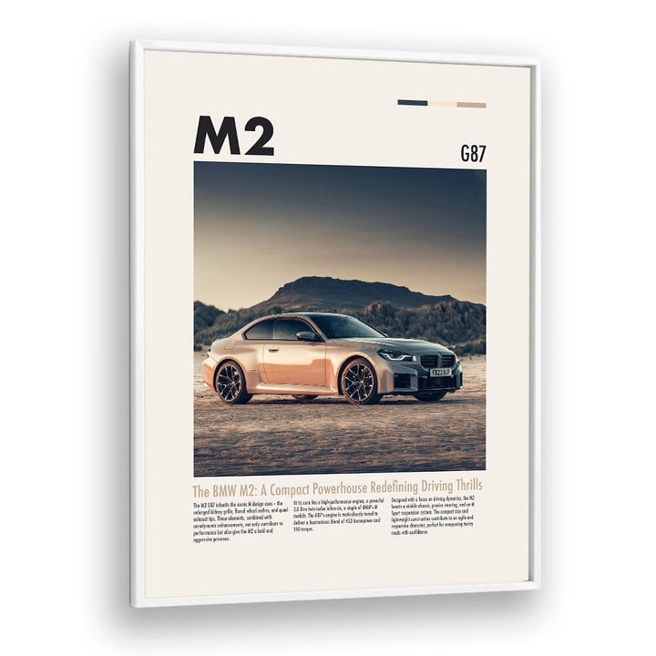 BMW M2 G87 Car Posters Automotive Wall Art Prints in White Plain Frame