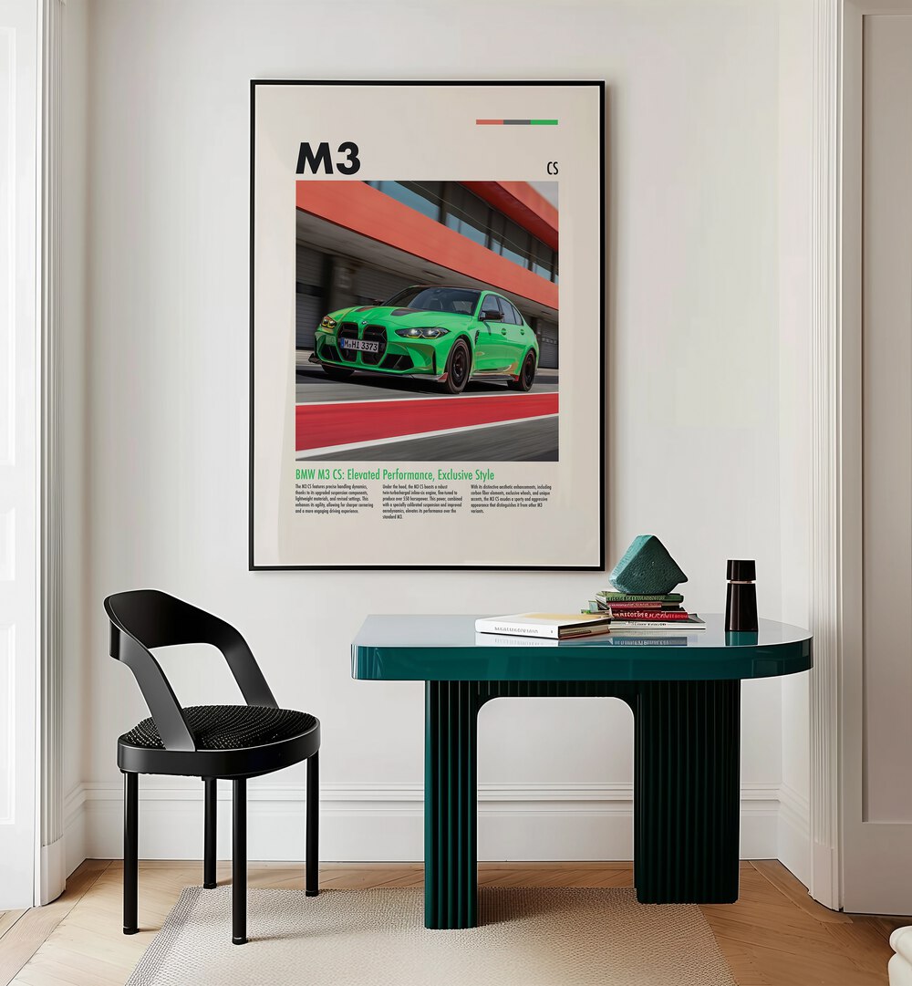 BMW M3 CS Car Posters Automotive Wall Art Prints in Black Plain Frame placed on a Cream Colored Wall near a Study Table in a Workspace in the Drawing Room