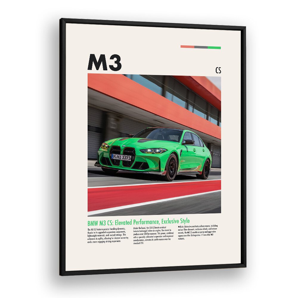 BMW M3 CS Car Posters Automotive Wall Art Prints in Black Plain Frame