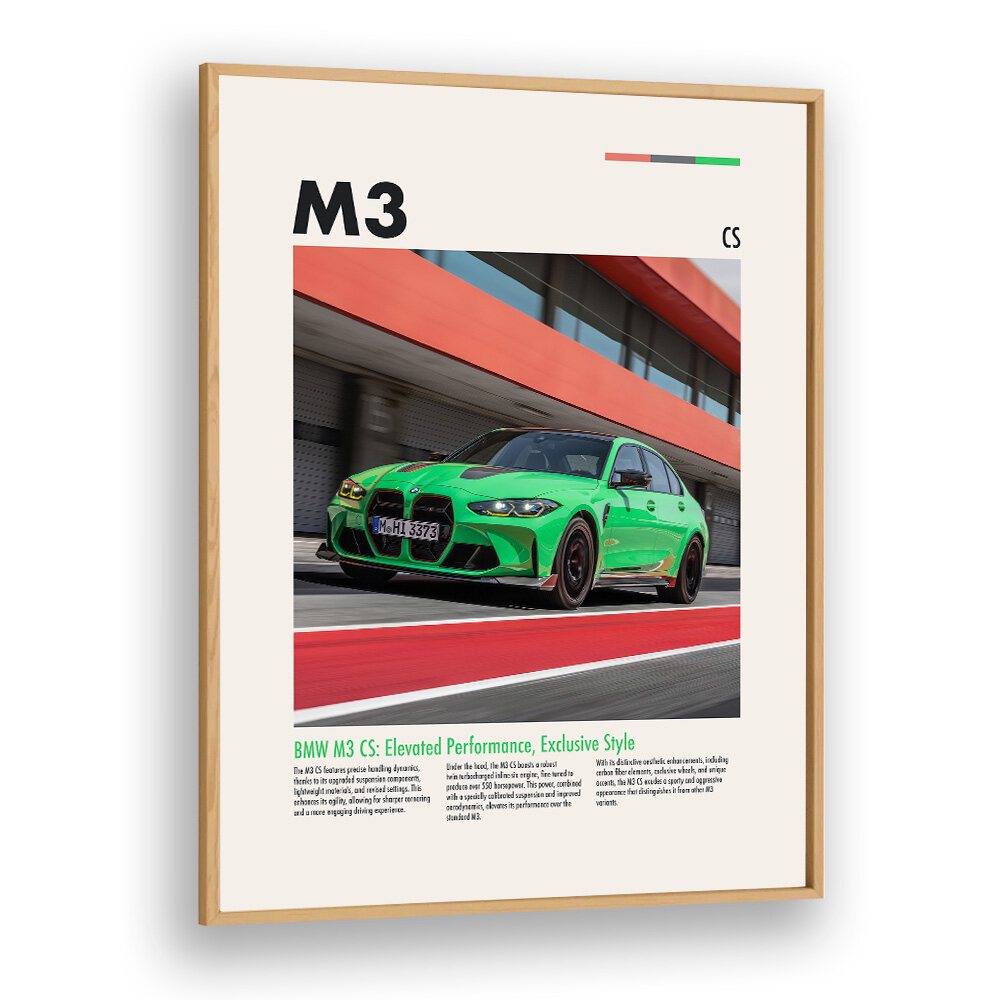 BMW M3 CS Car Posters Automotive Wall Art Prints in Oak Wood Plain Frame