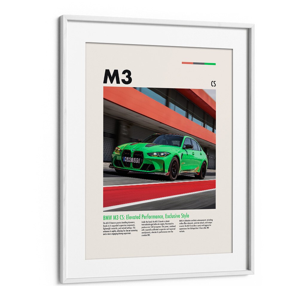 BMW M3 CS Car Posters Automotive Wall Art Prints in White Frame With Mount