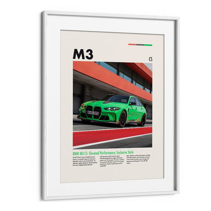 BMW M3 CS Car Posters Automotive Wall Art Prints in White Frame With Mount