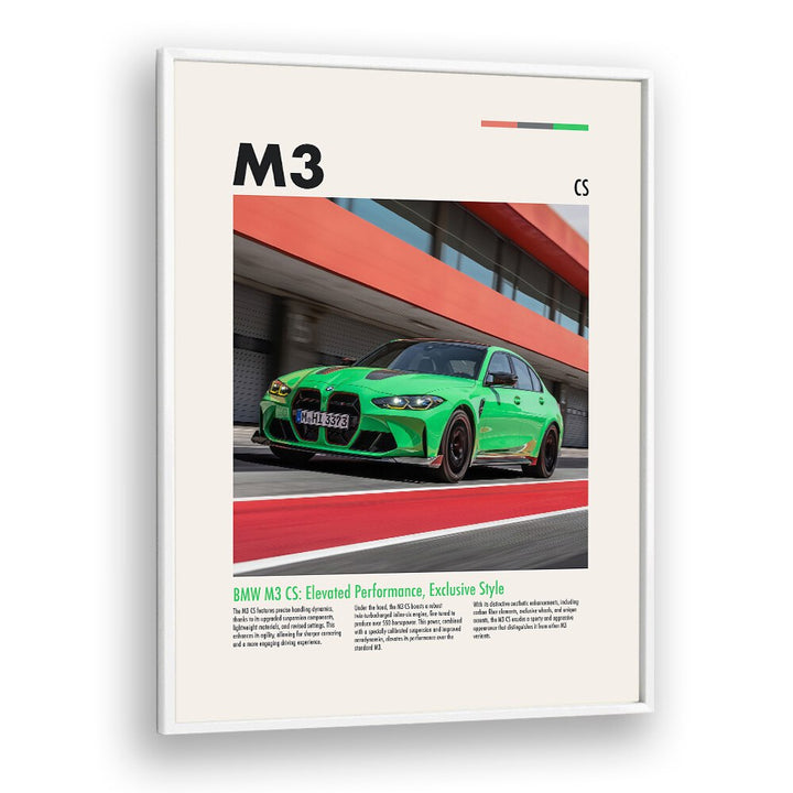 BMW M3 CS Car Posters Automotive Wall Art Prints in White Plain Frame