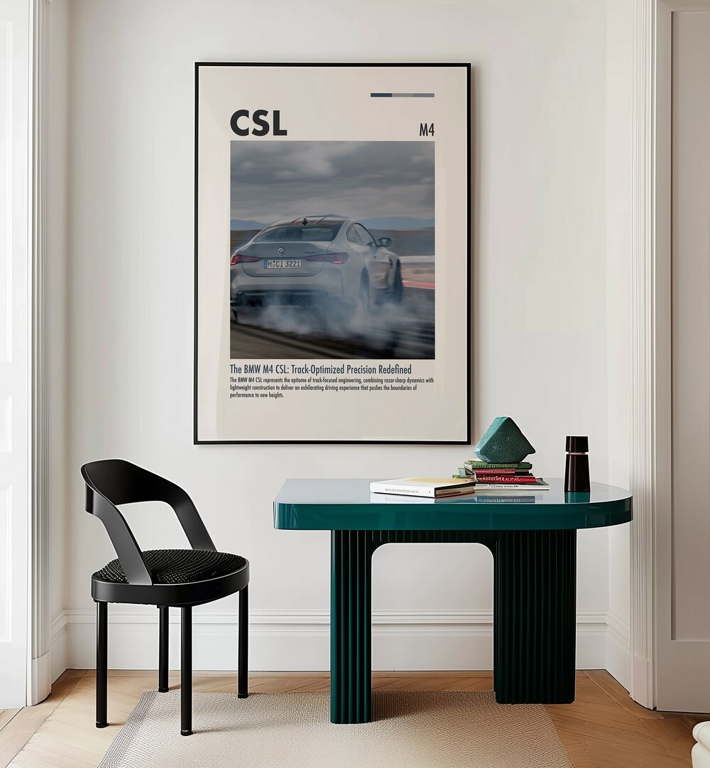 BMW M4 CSL I Car Posters Automotive Wall Art Prints in Black Plain Frame placed on a Cream Colored Wall near a Study Table in a Workspace in the Drawing Room