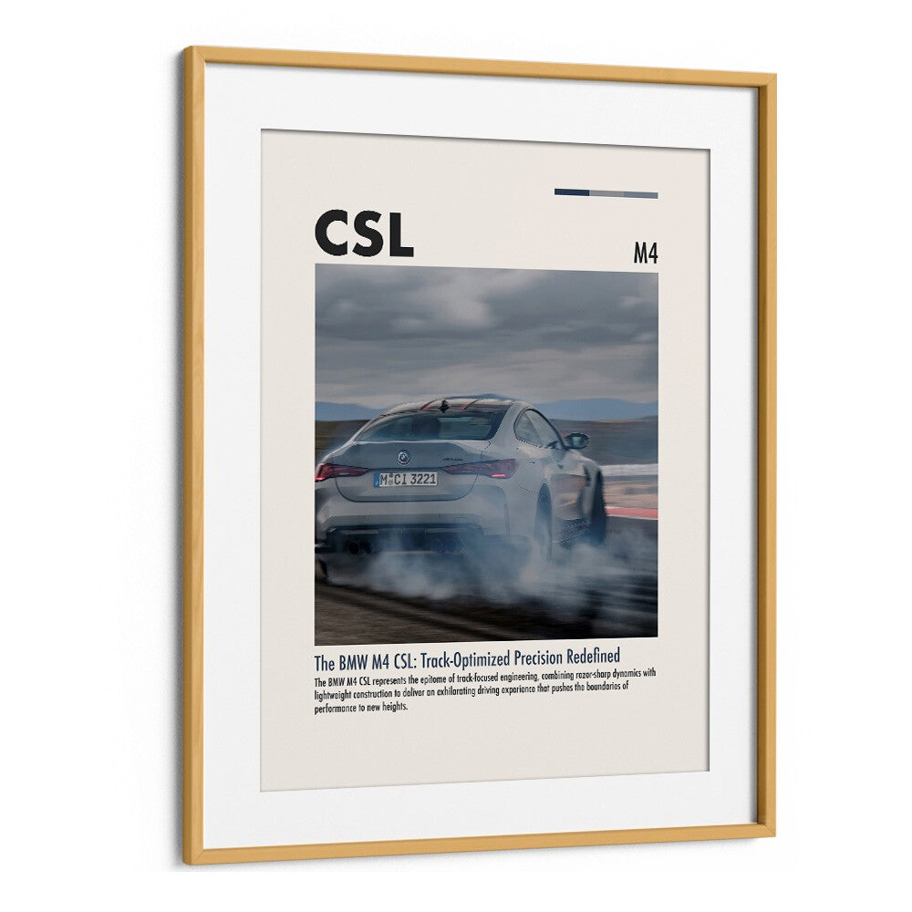 BMW M4 CSL I Car Posters Automotive Wall Art Prints in Oak Wood Frame With Mount