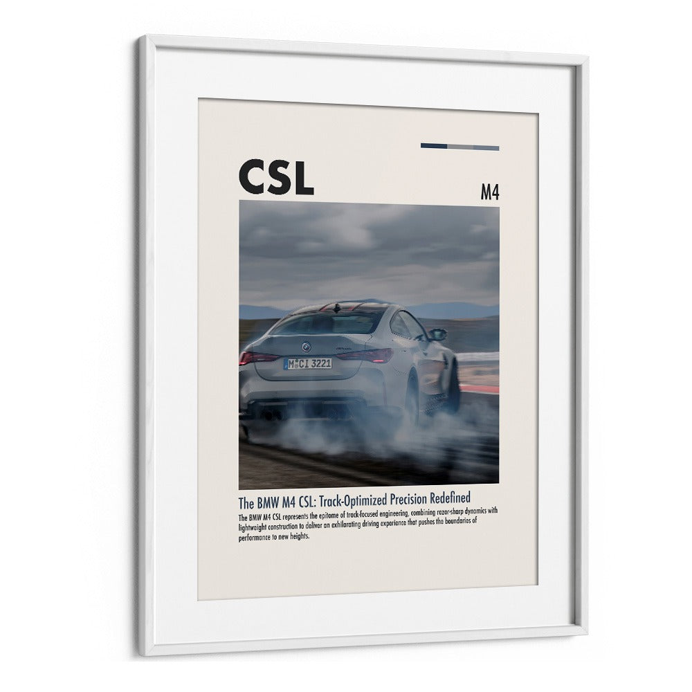 BMW M4 CSL I Car Posters Automotive Wall Art Prints in White Frame With Mount