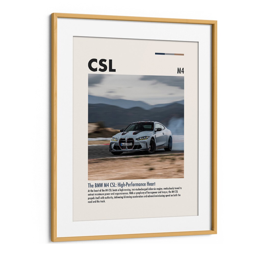 BMW M4 CSL II Car Posters Automotive Wall Art Prints in Oak Wood Frame With Mount