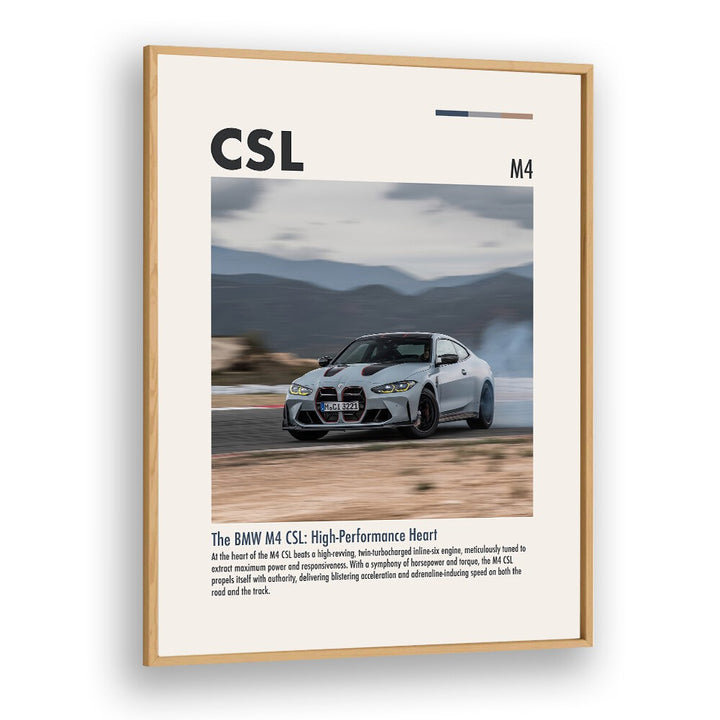 BMW M4 CSL II Car Posters Automotive Wall Art Prints in Oak Wood Plain Frame