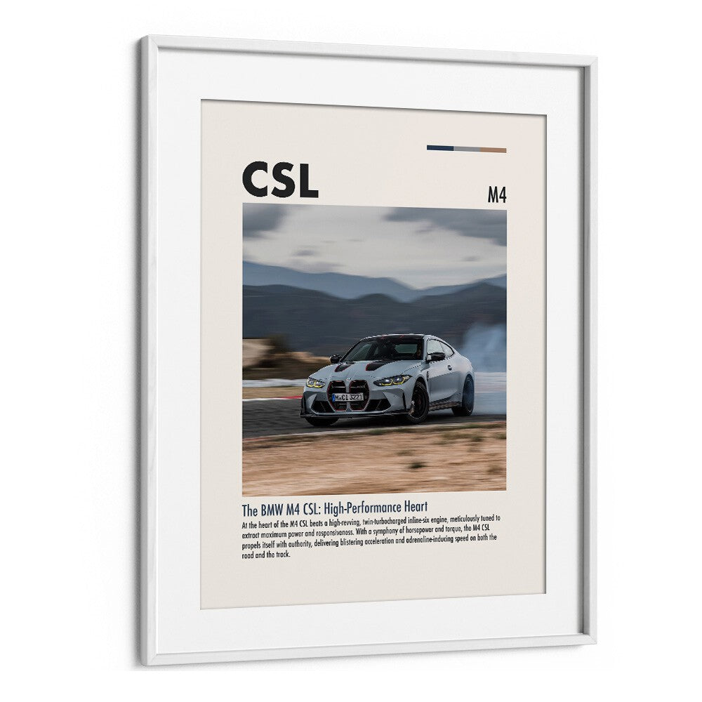 BMW M4 CSL II Car Posters Automotive Wall Art Prints in White Frame With Mount