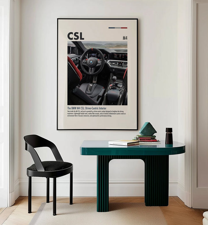 BMW M4 CSL III Car Posters Automotive Wall Art Prints in Black Plain Frame placed on a Cream Colored Wall near a Study Table in a Workspace in the Drawing Room