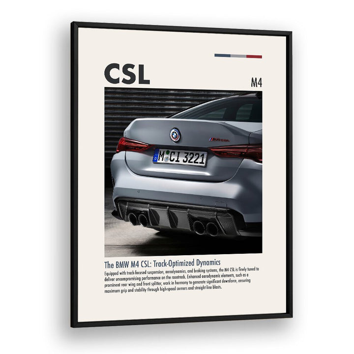 BMW M4 CSL IV Car Posters Automotive Wall Art Prints in Black Plain Frame