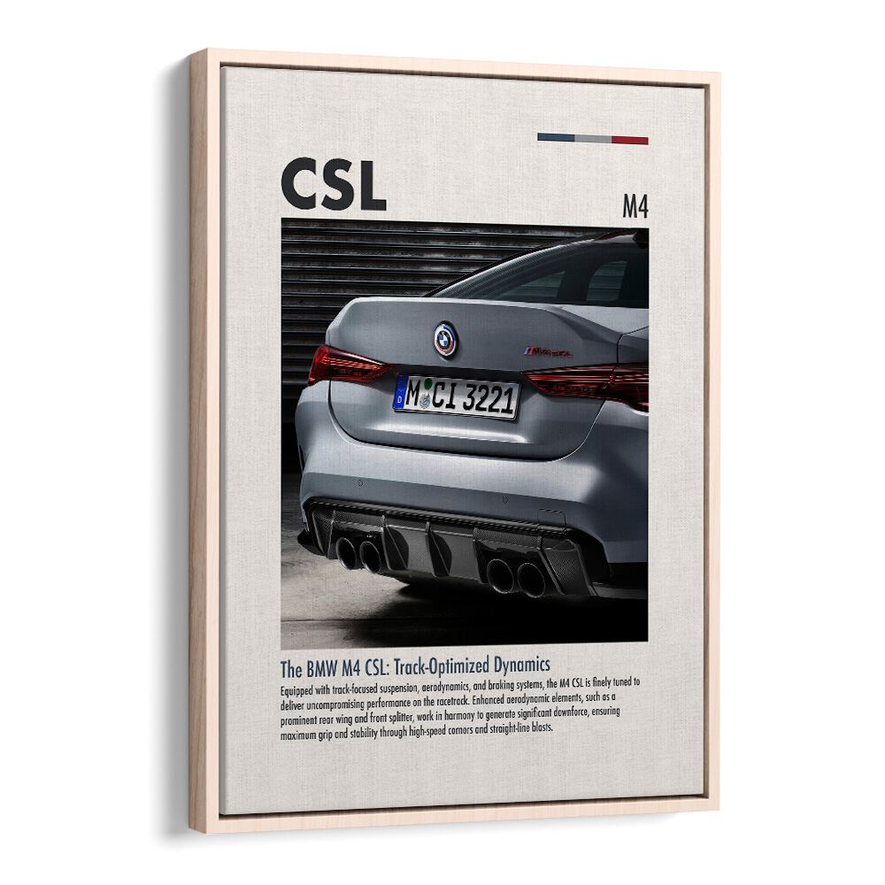 BMW M4 CSL IV Car Posters Automotive Wall Art Prints in Oak Wood Floater Frame