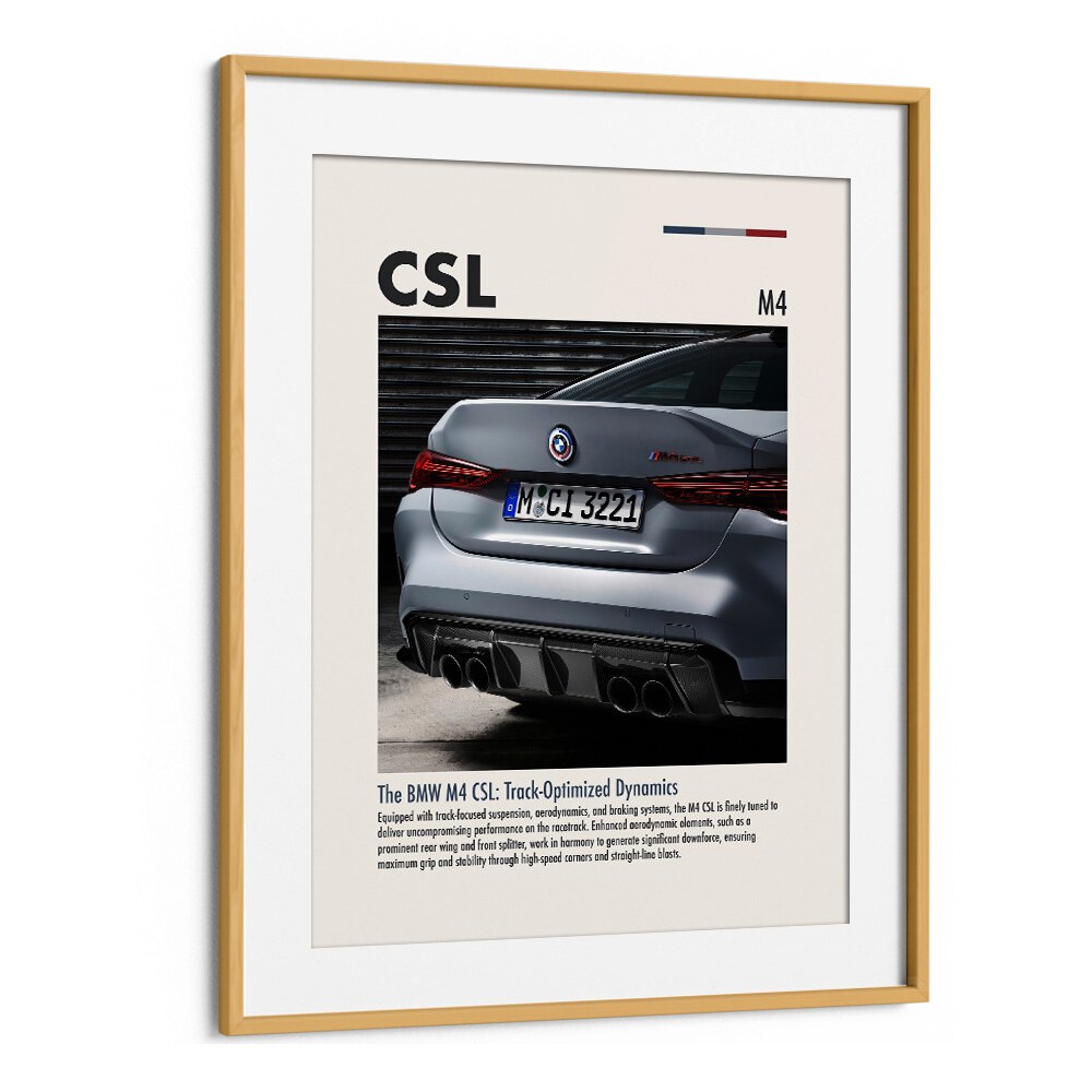 BMW M4 CSL IV Car Posters Automotive Wall Art Prints in Oak Wood Frame With Mount