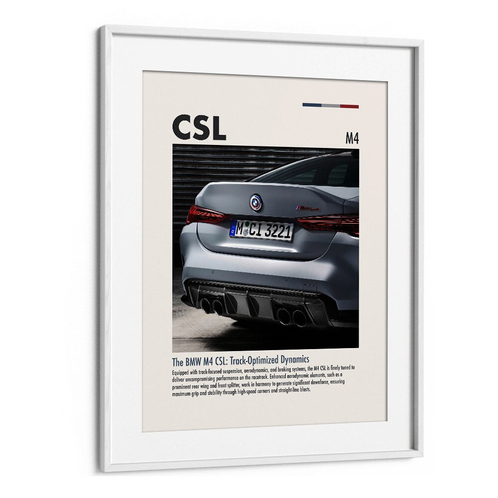 BMW M4 CSL IV Car Posters Automotive Wall Art Prints in White Frame With Mount