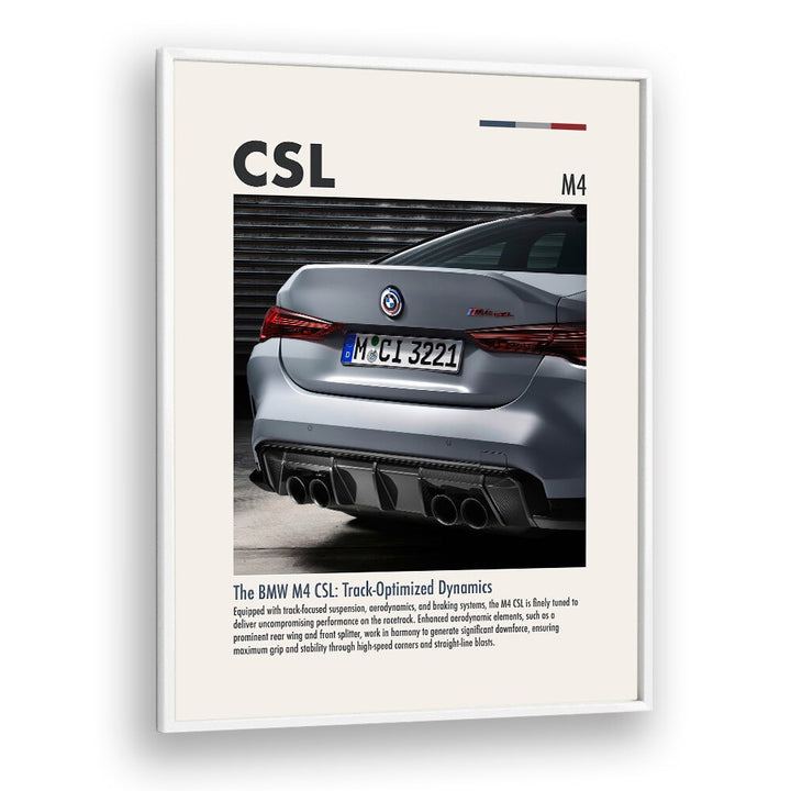 BMW M4 CSL IV Car Posters Automotive Wall Art Prints in White Plain Frame