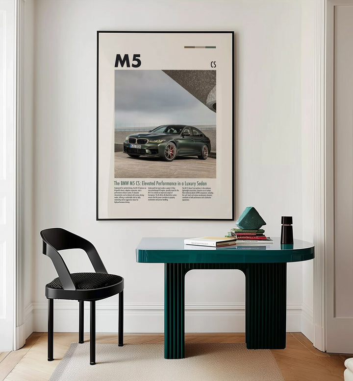 BMW M5 CS Car Posters Automotive Wall Art Prints in Black Plain Frame placed on a Cream Colored Wall near a Study Table in a Workspace in the Drawing Room