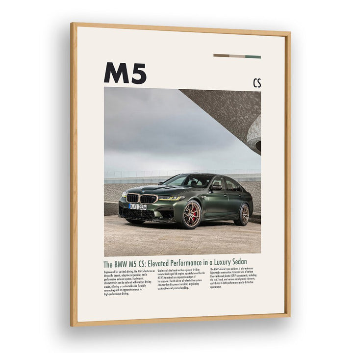 BMW M5 CS Car Posters Automotive Wall Art Prints in Oak Wood Plain Frame