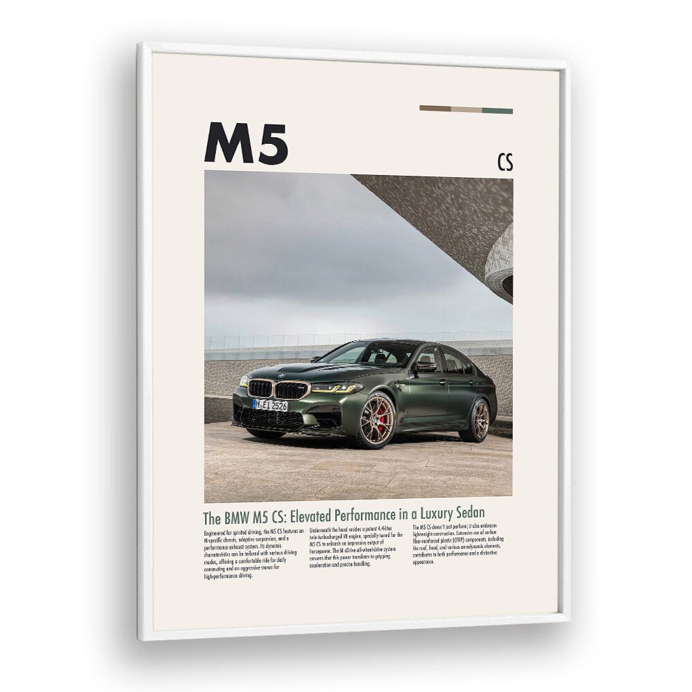 BMW M5 CS Car Posters Automotive Wall Art Prints in White Plain Frame