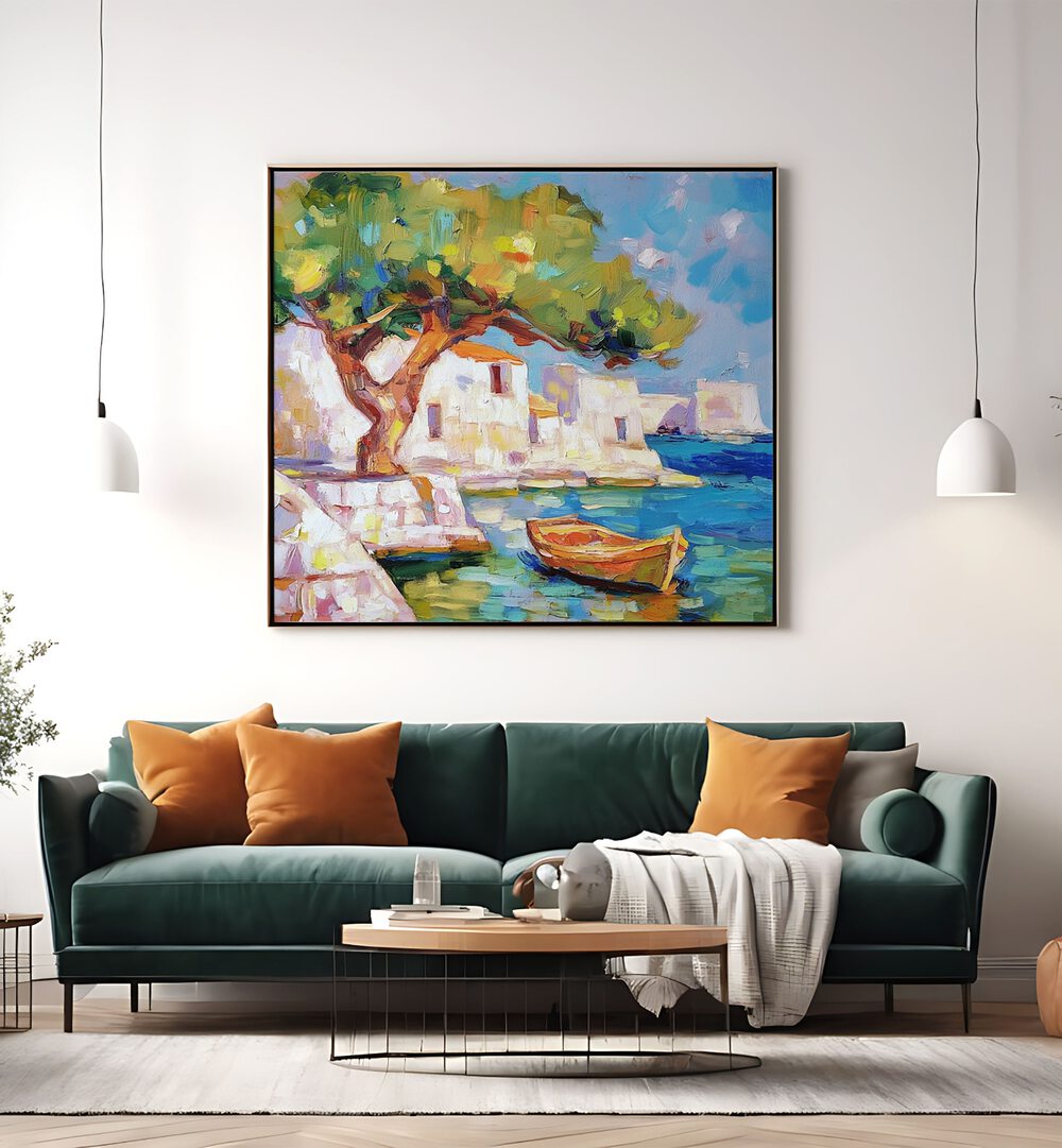 Tranquil BOAT BY THE SEA artwork enhances coastal charm in your home or garden decor, perfect for seaside lovers.