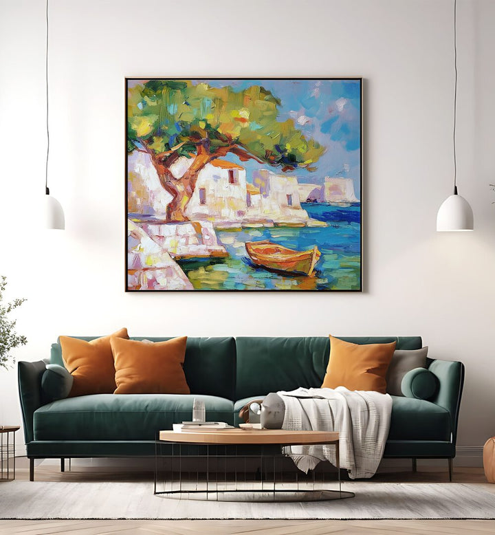 Tranquil BOAT BY THE SEA artwork enhances coastal charm in your home or garden decor, perfect for seaside lovers.