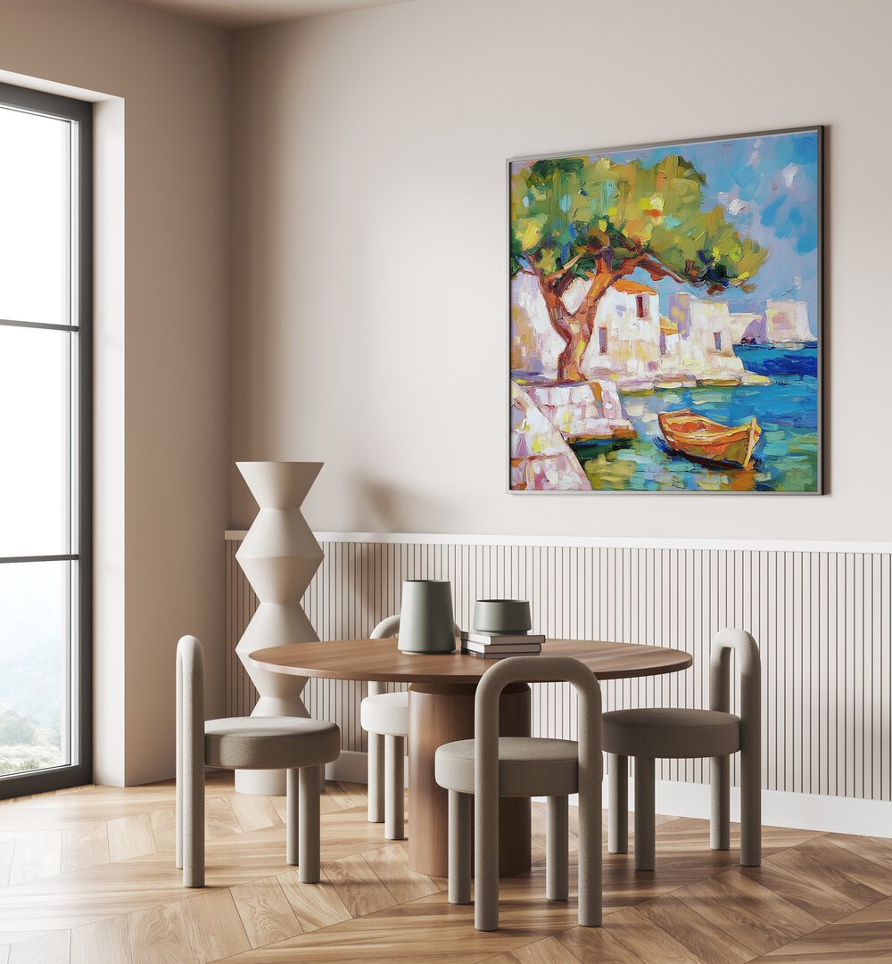 Bright and colorful BOAT BY THE SEA artwork enhances a modern dining space, reflecting coastal charm and tranquility.
