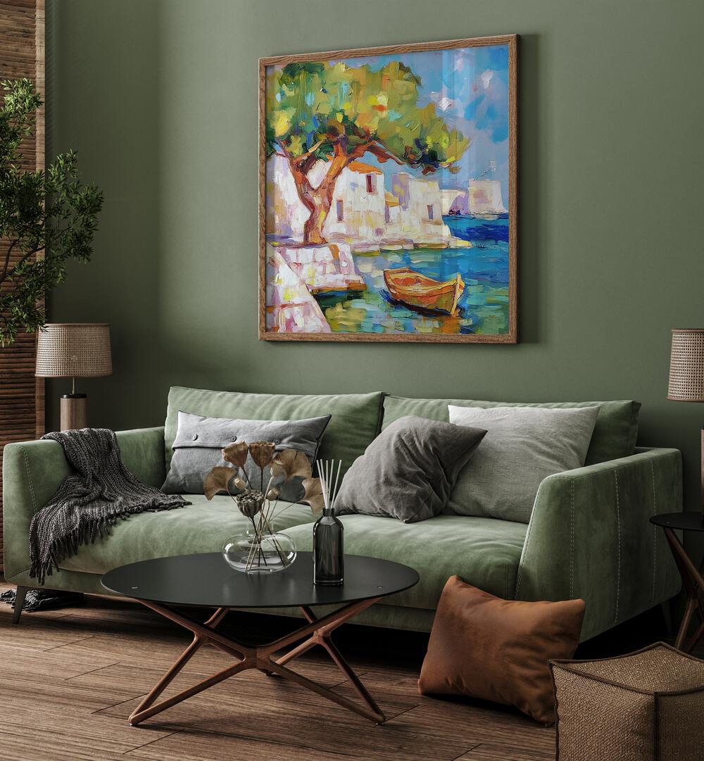 Tranquil living room featuring the BOAT BY THE SEA artwork, enhancing coastal charm in your home decor.