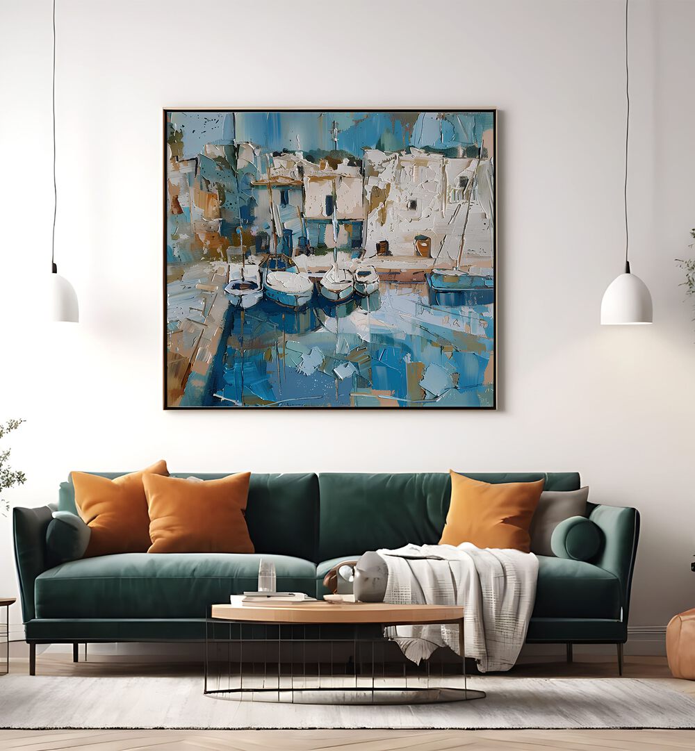 Stylish living room featuring BOATS IN THE HARBOR MALLORCATHERAPY, perfect for coastal-inspired decor.