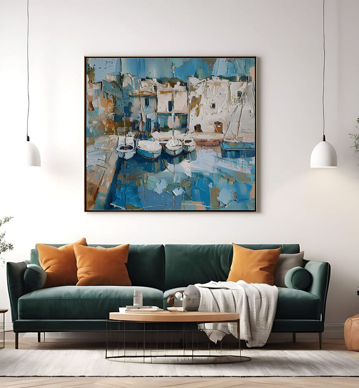 Stylish living room featuring BOATS IN THE HARBOR MALLORCATHERAPY, perfect for coastal-inspired decor.