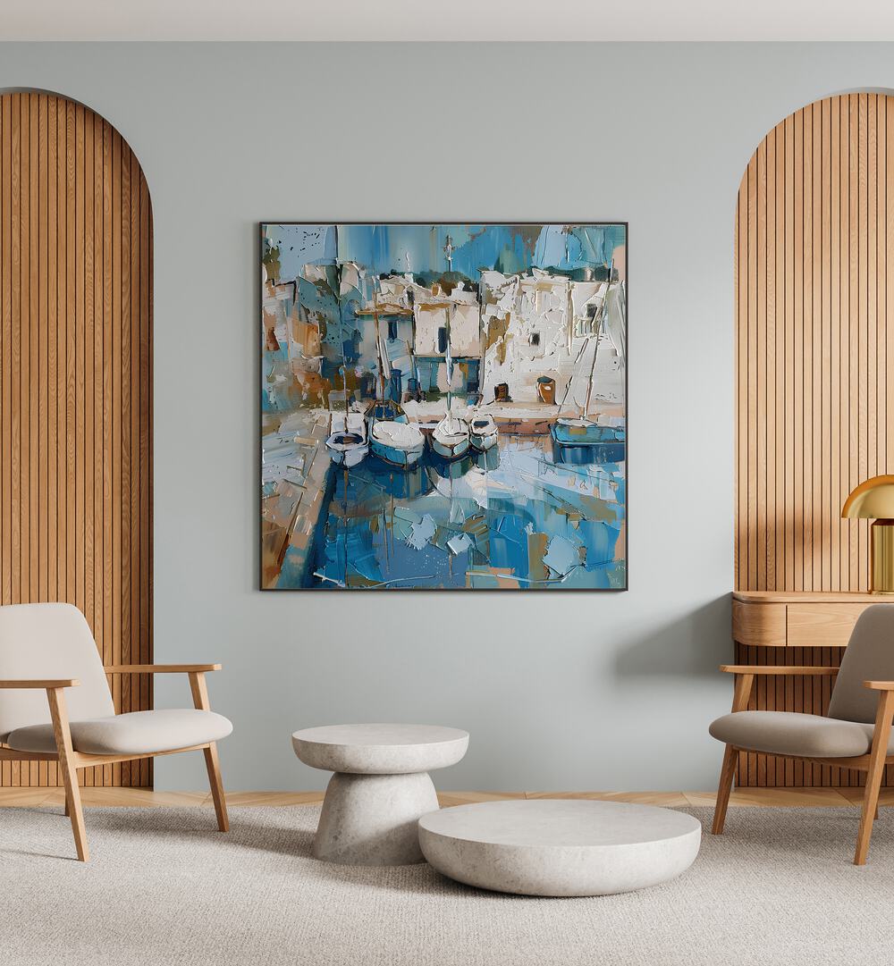 Serene coastal scene featuring BOATS IN THE HARBOR MALLORCATHERAPY, perfect for enhancing home decor and well-being.