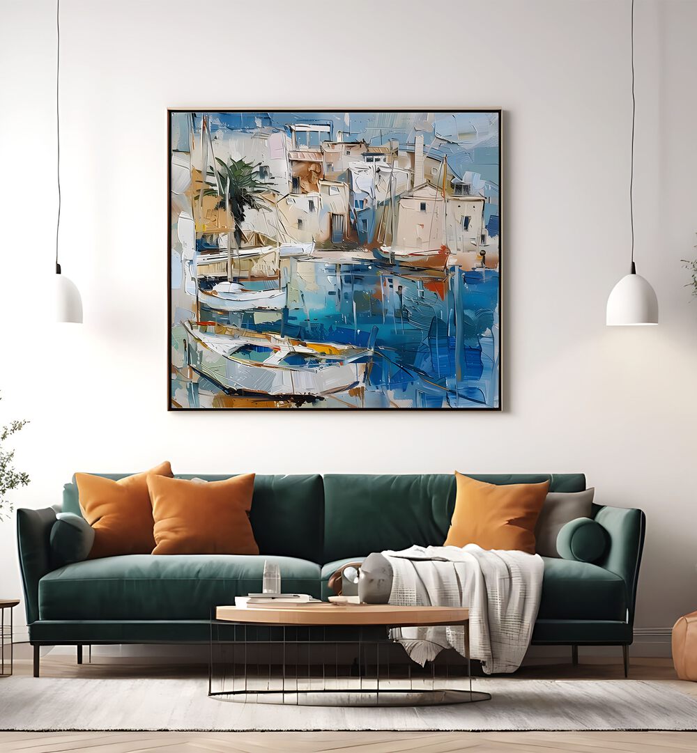 Vibrant artwork, BOATS IN THE HARBOR MALLORCATHERAPY II, showcasing serene harbor life for art lovers.