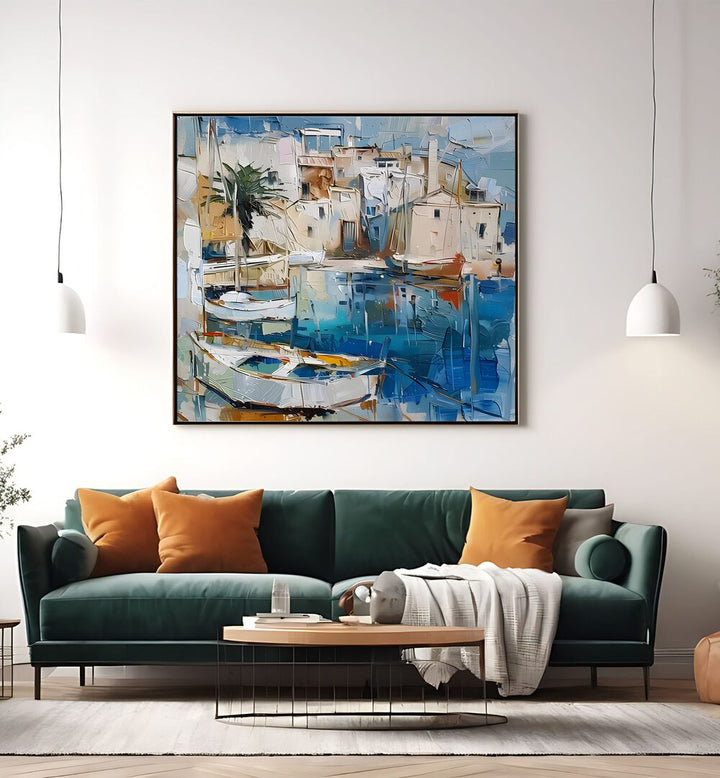 Vibrant artwork, BOATS IN THE HARBOR MALLORCATHERAPY II, showcasing serene harbor life for art lovers.