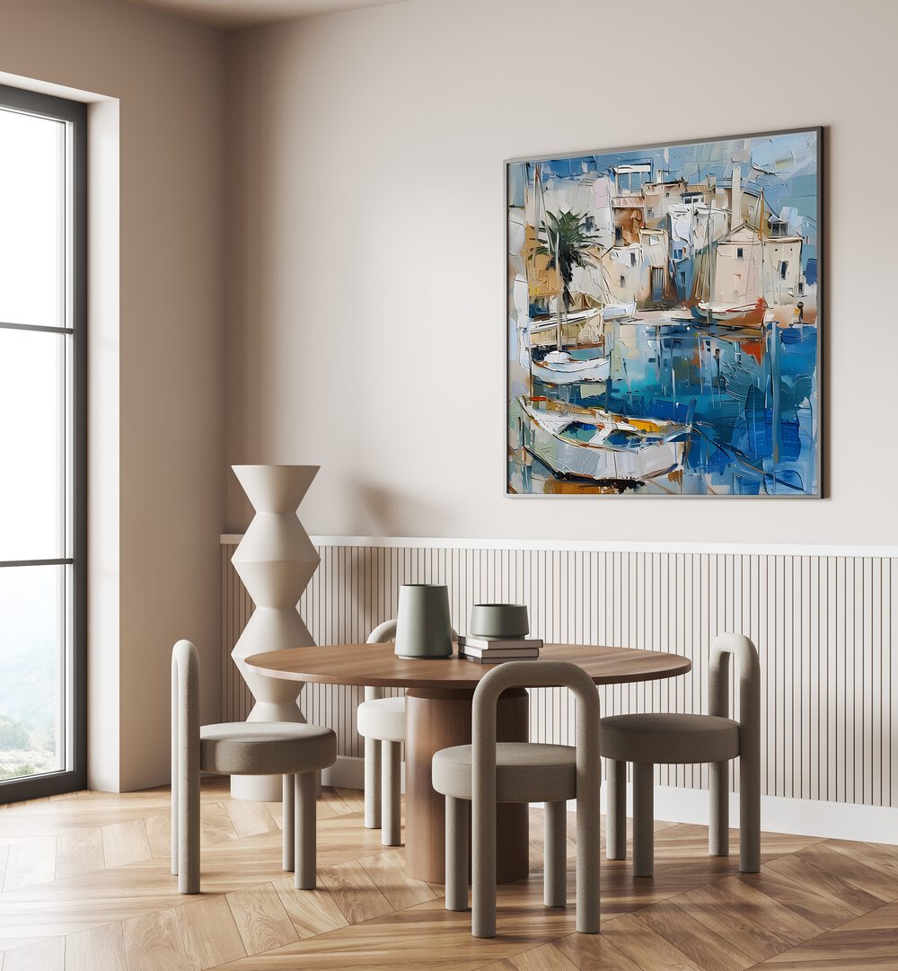 Artfully designed, BOATS IN THE HARBOR MALLORCATHERAPY II brings serene harbor life to your space.