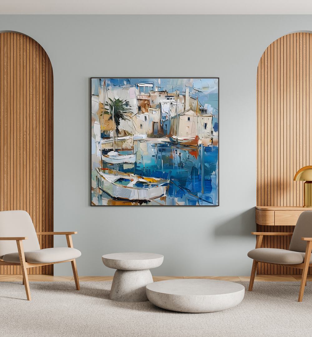 Vibrant artwork titled BOATS IN THE HARBOR MALLORCATHERAPY II, showcasing serene harbor life in Mallorca.
