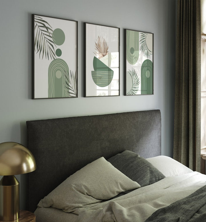 BOHO GREEN BLOOMS SET , SET OF 3 PAINTINGS