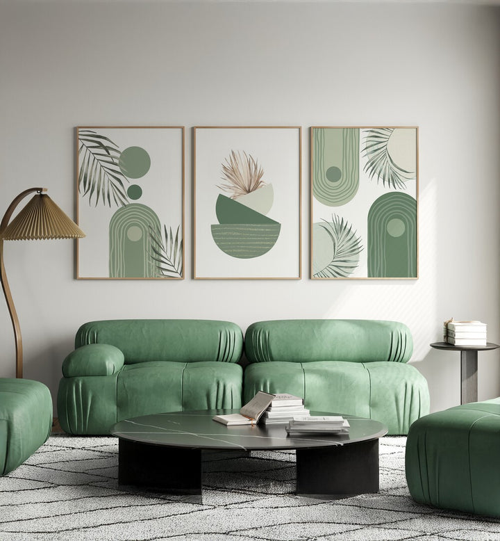 BOHO GREEN BLOOMS SET , SET OF 3 PAINTINGS