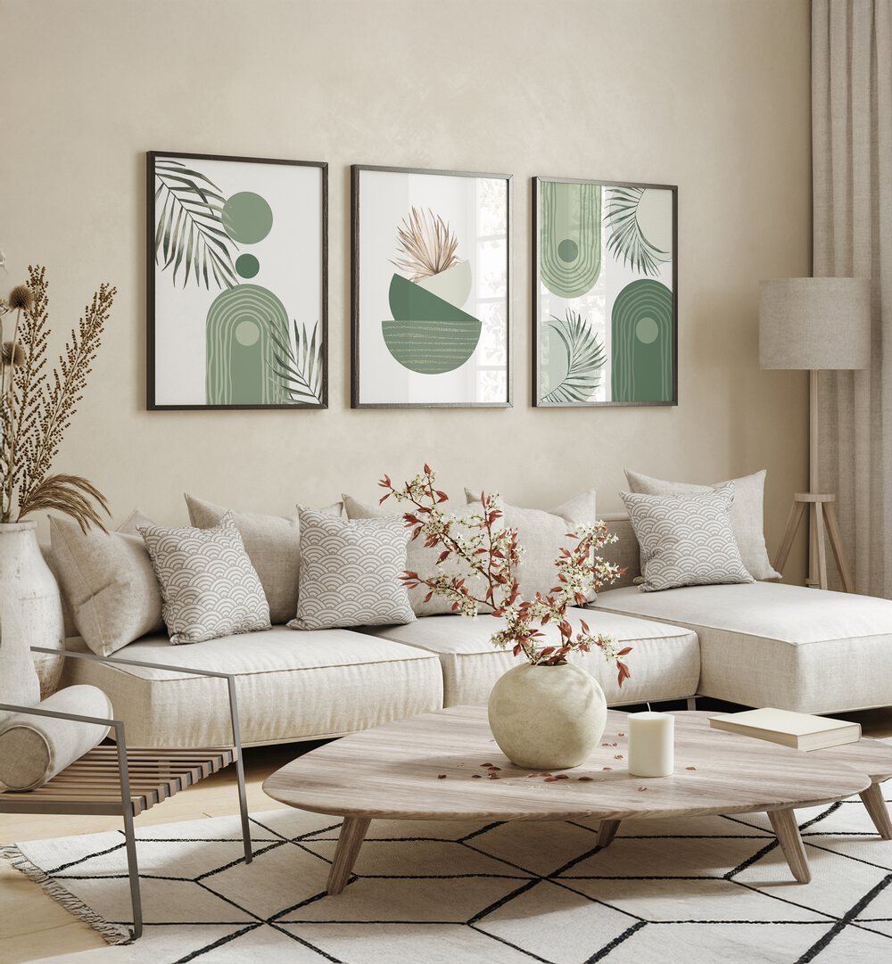 BOHO GREEN BLOOMS SET , SET OF 3 PAINTINGS