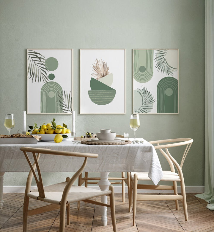 BOHO GREEN BLOOMS SET , SET OF 3 PAINTINGS
