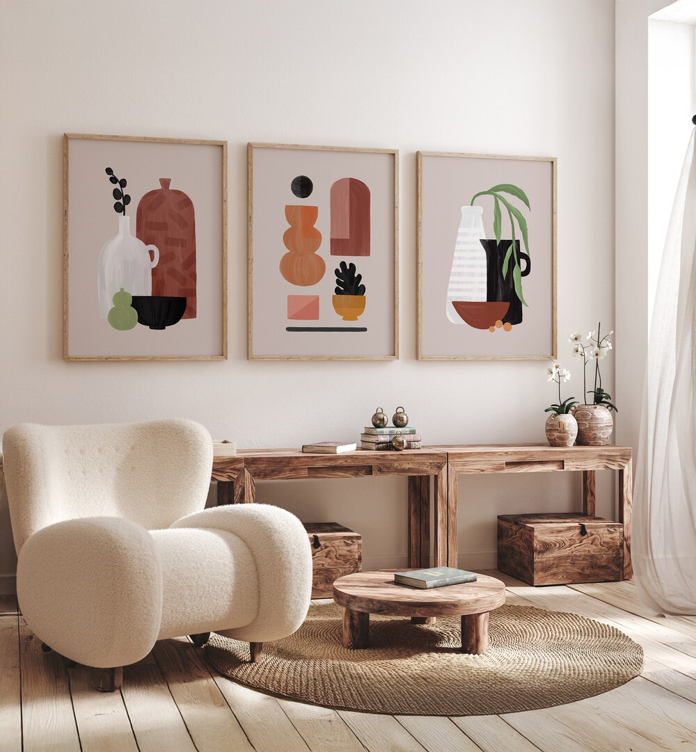 Elevate your decor with the BOHO OBJECTS SET, SET OF 3 PAINTINGS, featuring vibrant bohemian-style art.