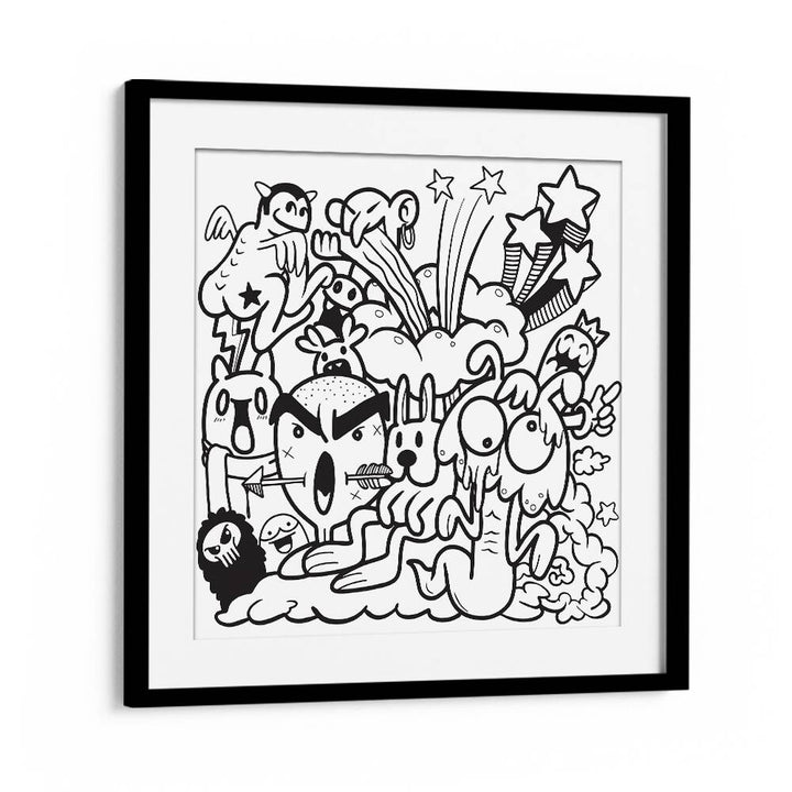 Boom Chaos Doodle Art Artwork in Black Frame With Mount