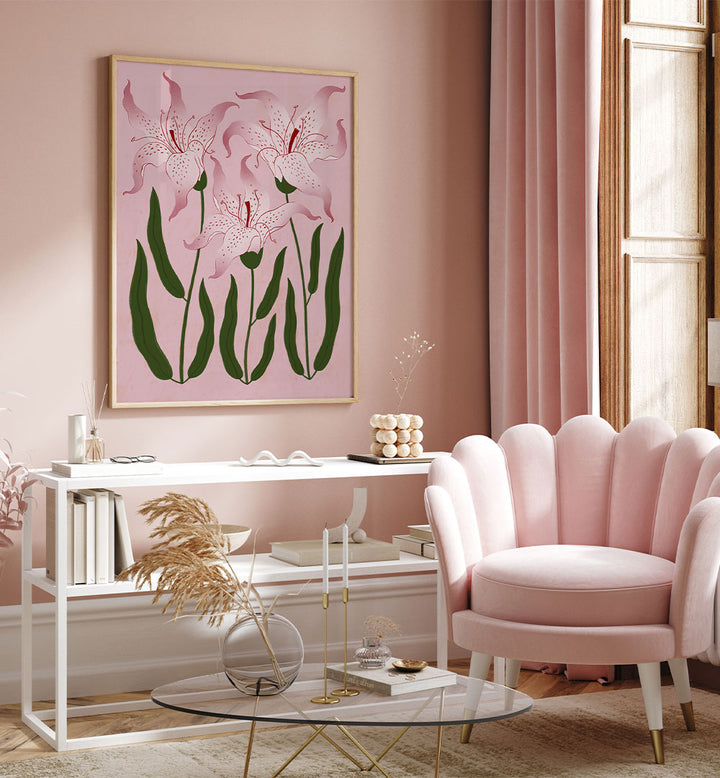 Pink living room with a shell-shaped sofa, floral artwork, and decorative items.