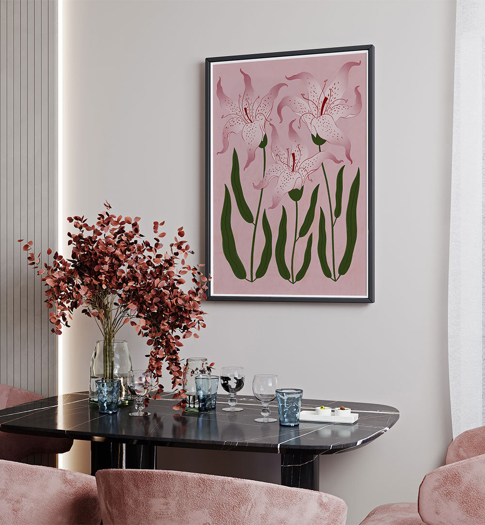 Dining room with a table, chairs, and a floral painting on the wall.