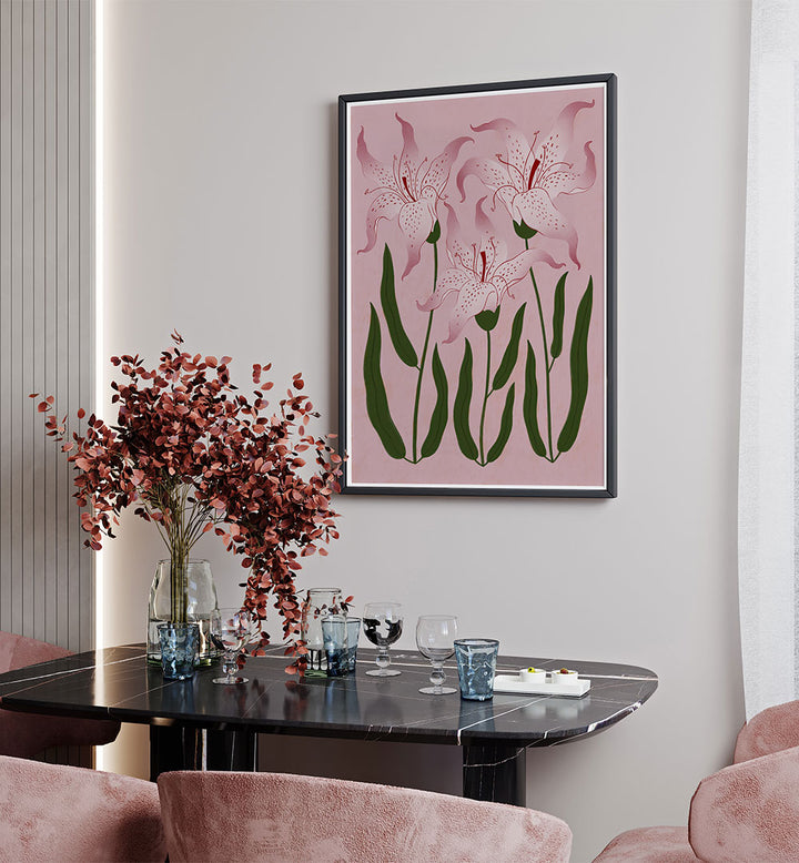 Dining room with a table, chairs, and a floral painting on the wall.