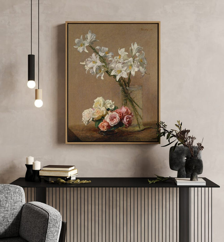 Botanical Reverie Henri Fantin - Latour's Roses And Lilies Vintage Art Painting Artwork in oakwood floater frame above a black table on beige colour wall