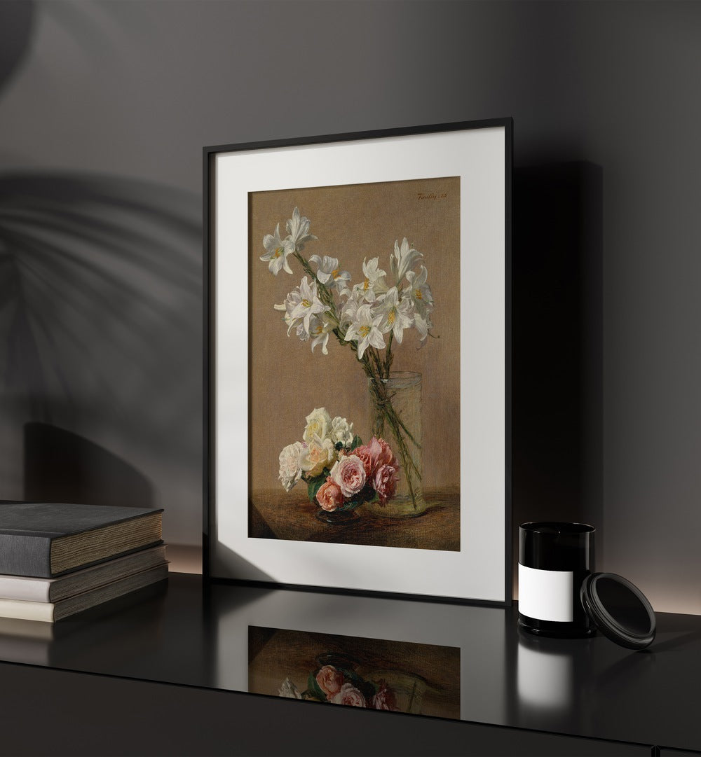 Botanical Reverie Henri Fantin - Latour's Roses And Lilies Vintage Art Painting Artwork in black frame with mount on a black table beside books 