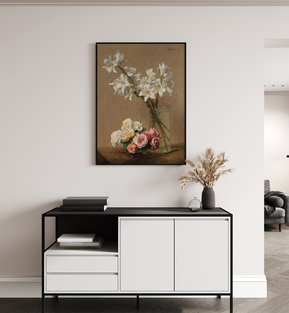 Botanical Reverie Henri Fantin - Latour's Roses And Lilies Vintage Art Painting Artwork in plain back frame above a table on a white wall